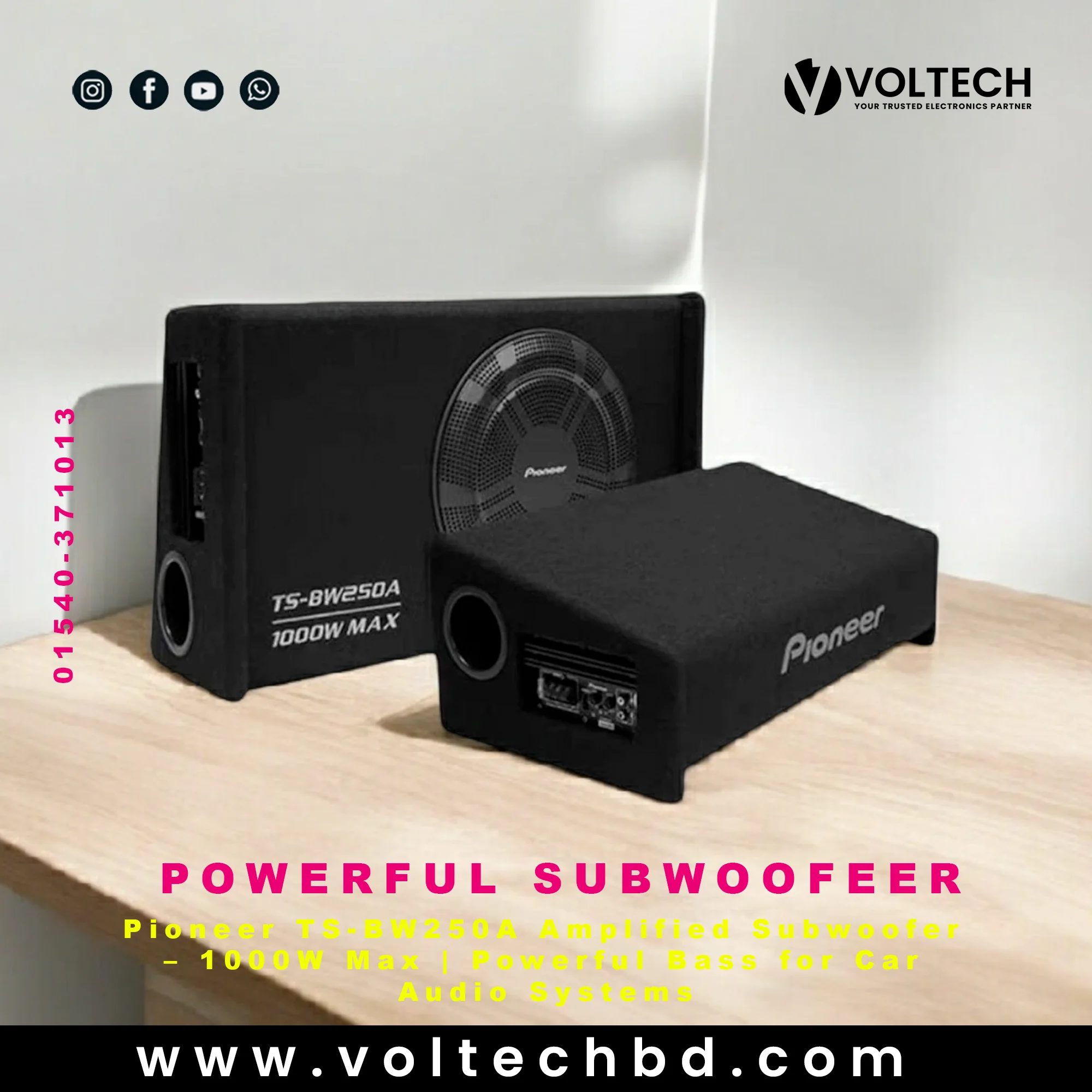 Pioneer TS-BW250A Amplified Subwoofer – 1000W Max | Powerful Bass for Car Audio Systems